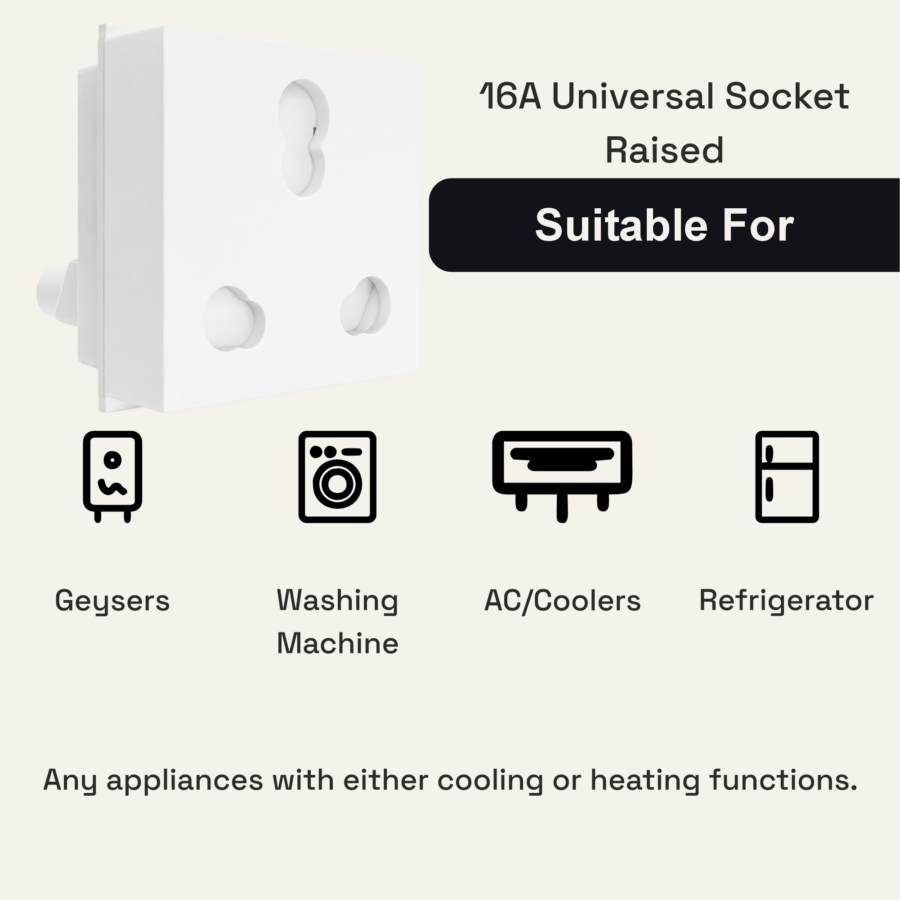 16 Amp Raised Universal Socket | 2M | Lunar White