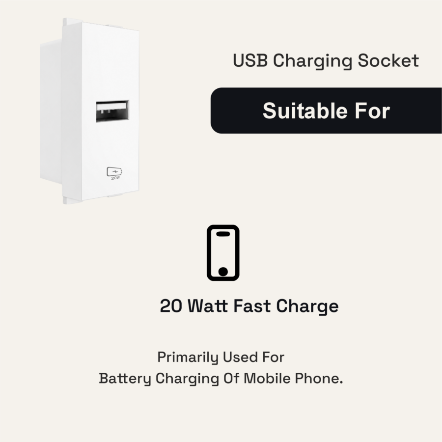3 Amp USB A Type Charging Socket | 1M | Lunar White